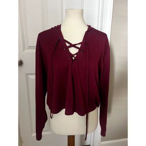 Express Women's Maroon Lightweight Cropped Hoodie - Medium